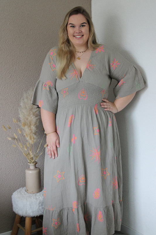Mousseline maxi jurk taupe
