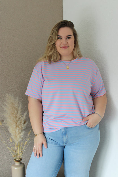 Gestreept t-shirt roze-blauw