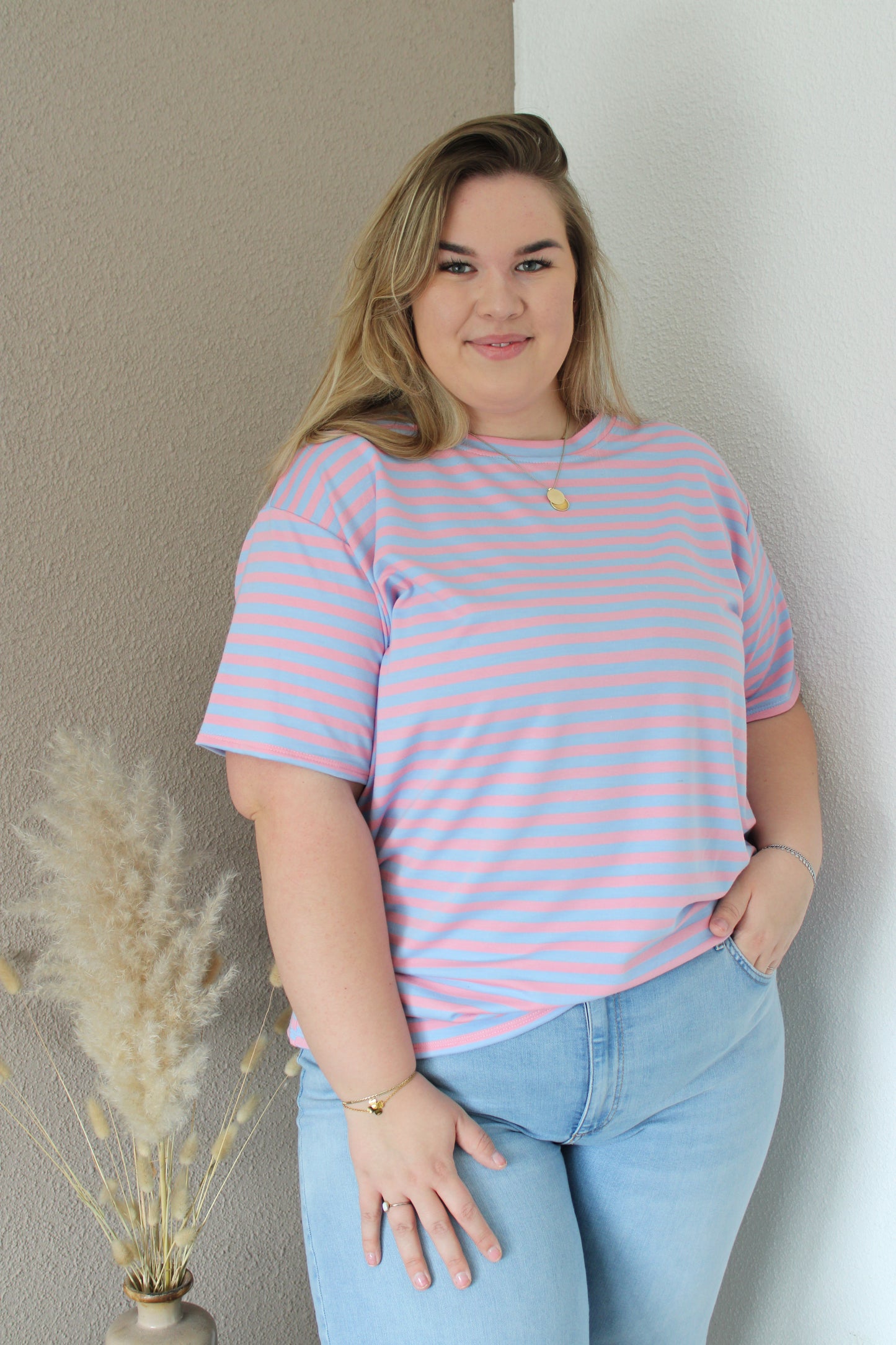 Gestreept t-shirt roze-blauw