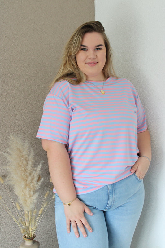 Gestreept t-shirt roze-blauw